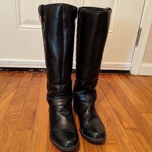 Quilted Black Knee High Riding Boots Buckle Detail
